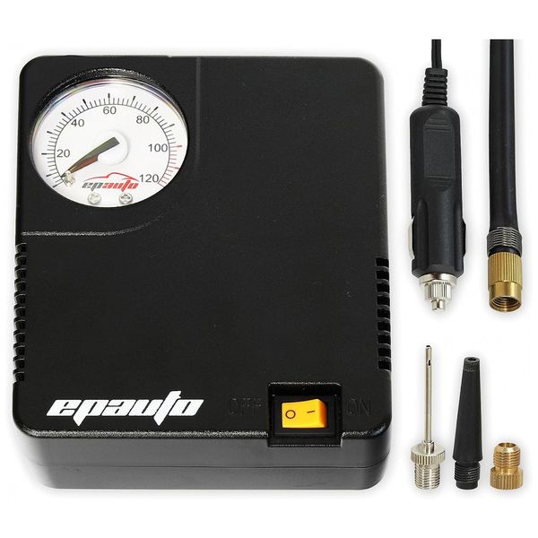 Mini Compressor de Ar Elétrico Automotivo, portátil, 12V DC, 60 PSI com adaptadores, EPAUTO AT 006 4, Preto