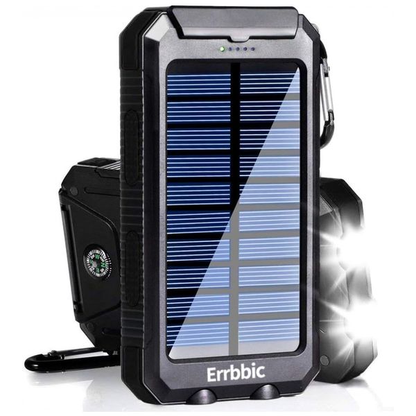 Powerbank Carregador Solar 20000mAh Prova dágua Bússola LED Nautica Viagem Camping, ERRBBIC S1008D, Preto