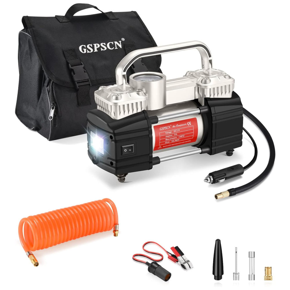 de Ar Portátil, 12V, 150 PSI, com LED e duplo cilindro, GSPSCN Dual Cylinder Air Compressor Pump, Prateado