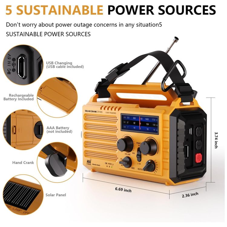 Radio-AM-FM-SW-e-NOAA-2000mAh-Bateria-Solar-Manivela-de-foto-2