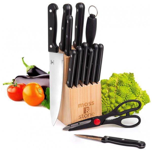 Conjunto de Facas Moss Stone, Em Aço Inoxidável,14 peças, Preto e Palha