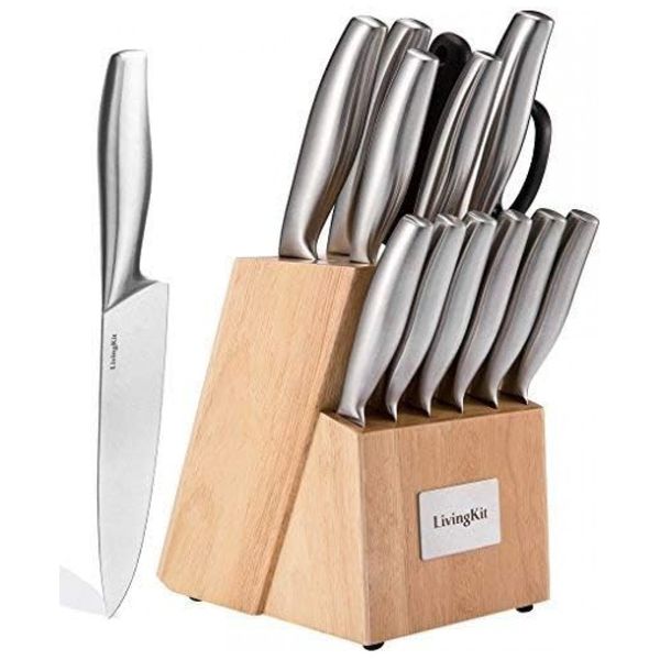 Conjunto de Facas de 14 Peças, Aço Inoxidável, LIVINGKIT, Palha