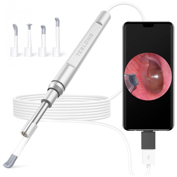 Otoscópio Digital com Removedor de Cera de Orelha, Câmera Otoscópio de Orelha HD com 6 Luzes LED para Android, Windows e MacBook Dispositivo, Teslong.