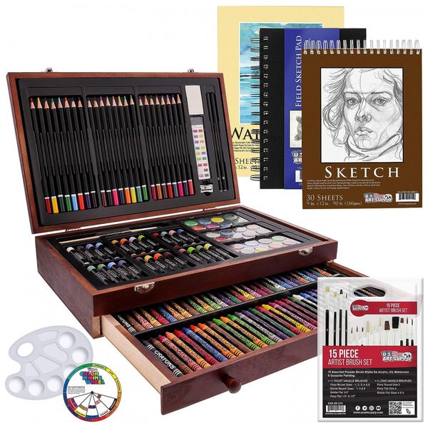 Lápis de Cor Profissional 162Pcs Maleta de Madeira para Pintura e Desenho, US ART SUPPLY 142 PPBW
