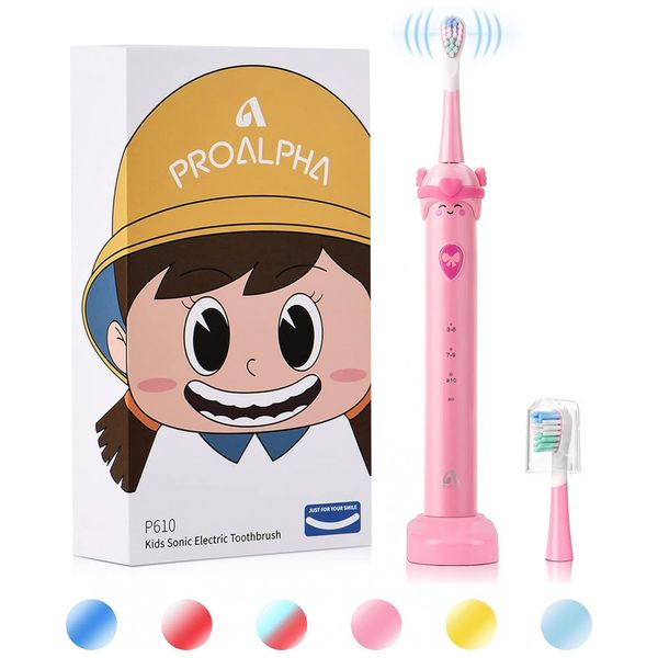 Escova Dental Elétrica Whitening Kids Recarregável USB Sem Fio 2 Cabeças 3 Modos, PROALPHA Sonic, Rosa