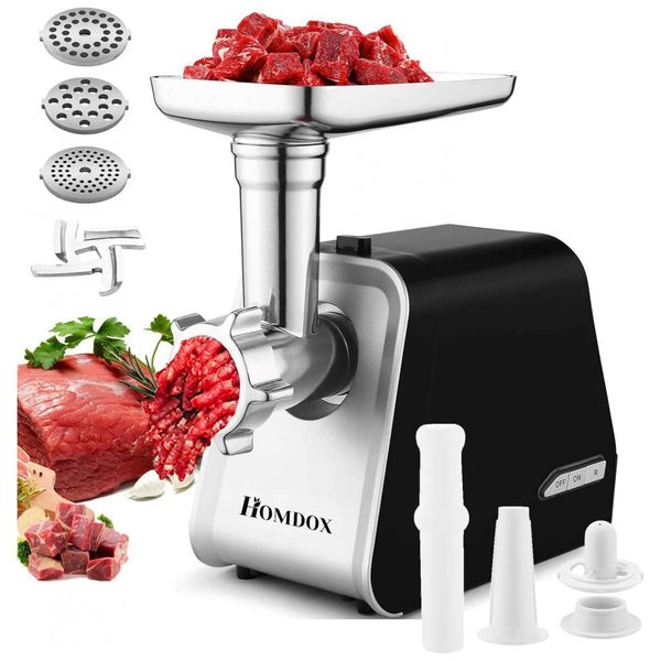 Moedor de Carne Elétrico, 2000W, 3 Trituradores, 110v, HOMDOX, Preto
