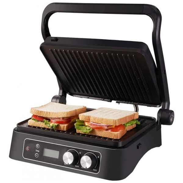 Grelhador interno elétrico 6 em 1 com placa antiaderente removível para panini, carne grelhada, sanduíche, bifes e muito mais, abre 180 graus para