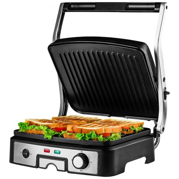 Panini Press Grill Pão Torradeira Antiaderente Placas planas de dupla face com 3 configurações de temperatura e bandeja de gotejamento removível,