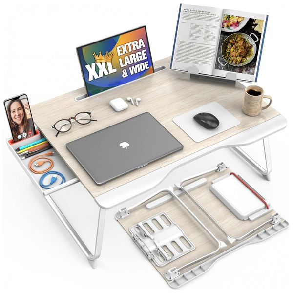 Mesa Mega XXL Extra Large Premium Build Mesa de cama dobrável, mesa de colo e mesa para laptop Gaveta, suporte para livros, muito espaço para as