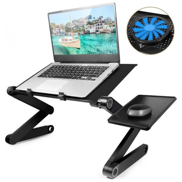 Mesa para laptop, suporte ajustável para laptop com grande ventilador de resfriamento e mouse pad, GOFOIT, Preto