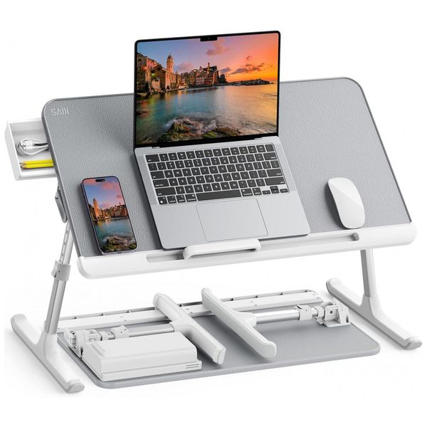 Mesa cama para laptop, ajustável, portátil de pé com gaveta de zenamento, dobrável para tablet cinza, SAIJI K7M G, Branco