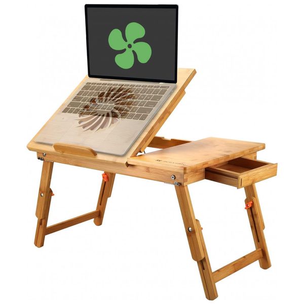 Mesa para laptop, ajustável, de bambu, com ventilador USB Bandeja dobrável para café da manhã com tampa de perna de gaveta, NNEWVANTE Bwz zs9F,