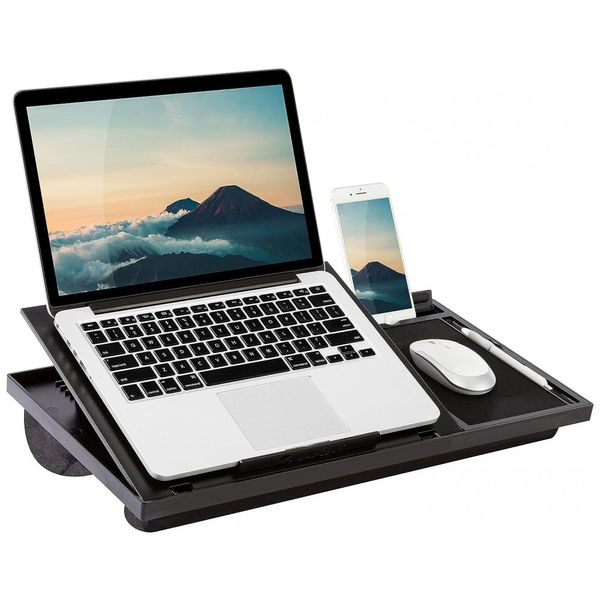 Suporte para laptop Ergo Pro, Mesa de colo com 20 ângulos ajustáveis, mouse pad e suporte para telefone preto, LAPGEAR 49408, Preto