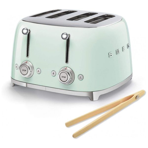 Pacote TSF03 de torradeira Smeg 50s Retro com 4 slots com pinças de bambu Norpro, verde pastel