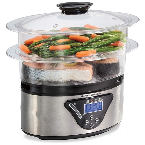 Panela Elétrica Vaporizadora de Alimentos 5.2L com 2 Níveis Empilháveis, Aço Inoxidável, 110V 650W, Hamilton Beach, Preta e Prata