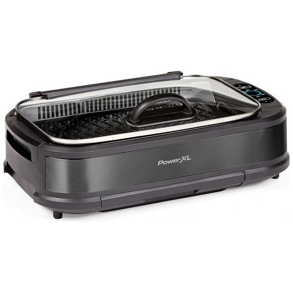 Grelha elétrica removível interna sem fumaça e placas para assar, superfícies antiaderentes para cozinhar, tampa de vidro, PRETO, POWER XL Smokeless