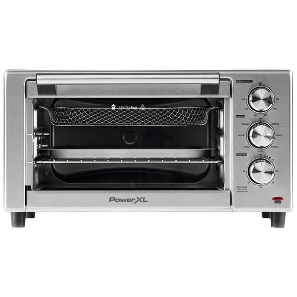 Grelhador Air Fryer 8 em 1 assado, espeto rotativo, grelha interior elétrica pacote de acessórios de luxo com 8 peças, aço inoxidável, POWERXL, Cinza
