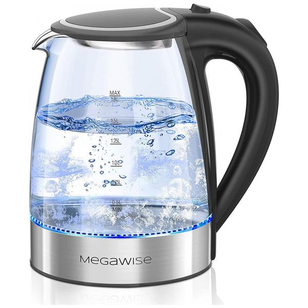 Chaleira Elétrica de Vidro Capacidade 1.8 L 1500W com Luz LED, MEGAWISE, Prateado