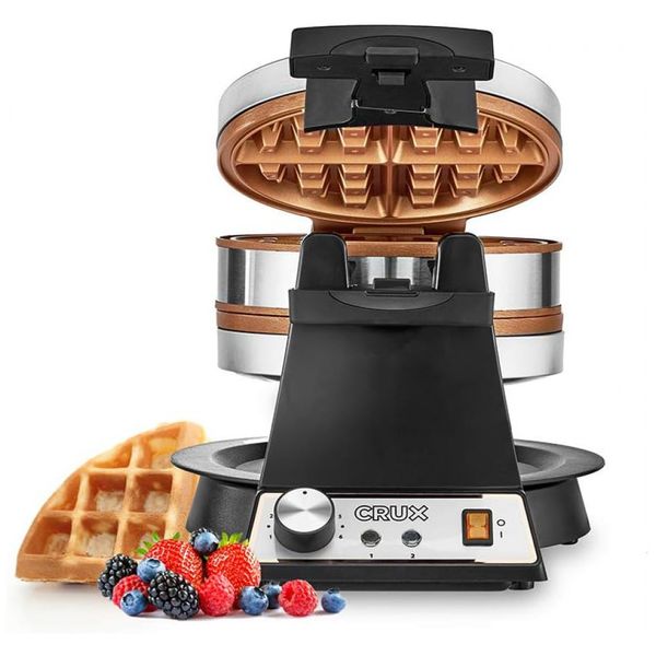 Máquina de waffles belga giratória dupla com placas antiaderentes, caixa de aço inoxidável e controle de escurecimento, CRUX 14614, Preto