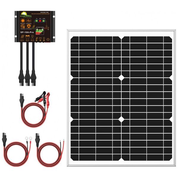 Kit Painel Solar, monocristalino, à prova dágua, 20W, 12V, 1 painel, SUNER POWER, Preto
