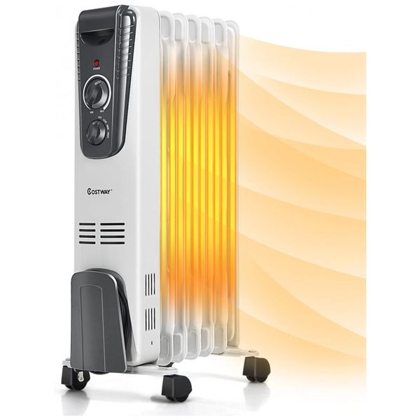 Aquecedor Elétrico a Óleo, com Termostato e Proteção Contra Super Aquecimento, 110V 1500W, COSTWAY 22611, Cinza e Branco