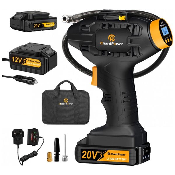 Mini Compressor de Ar Elétrico Automotivo Portátil 12V, 20V 100 PSI com Manômetro Digital e Desligamento Automático, C P CHANTPOWER, Preto