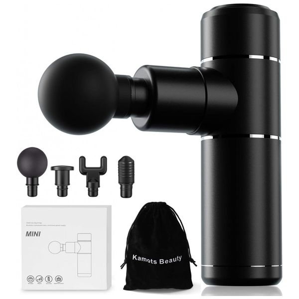 Massageador Pistola Elétrico Mini Sem Fio 4 Acessórios 5 Velocidades 3000 RPM, KAMOTS BEAUTY, Preto