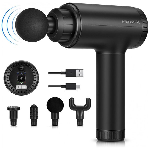 Massageador Pistola Elétrico Profissional Sem Fio com 6 Acessórios e 4 Velocidades Ultra silencioso, MEDCURSOR MMG0201, Preto