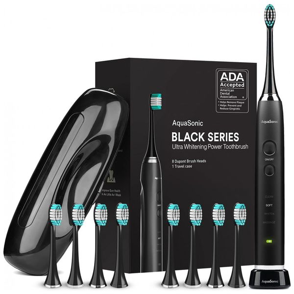 Escova de Dentes Ultra Whitening Black Series 8 Cabeças de Escova DuPont e Estojo de Viagem Incluído Ultra Sonic Motor 40,000 VPM e Carregamento Sem