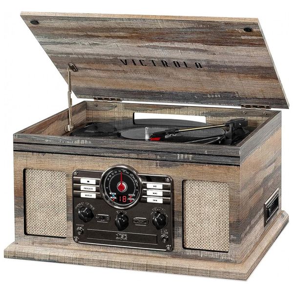 Toca Discos 6 em 1 3 Velocidades Rádio FM CD Entrada Auxiliar RCA, VICTROLA VTA 200B FSG, Marrom Claro