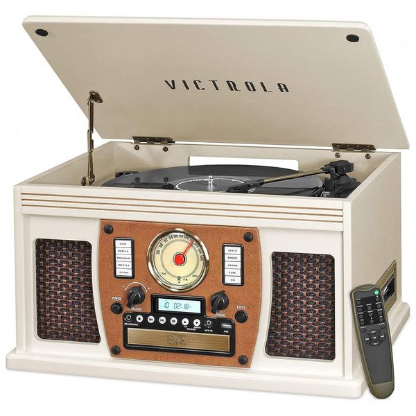 Toca Discos 8 em 1 Bluetooth Central Multimídia Alto Falantes Estéreos Integrados, VICTROLA VTA 600B WHT, Branco
