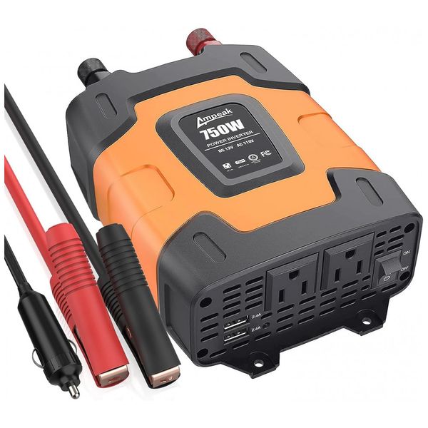 Inversor Veicular 750W 12V DC para AC com 2 Tomadas, USB, 110v, AMPEAK C212, Laranja