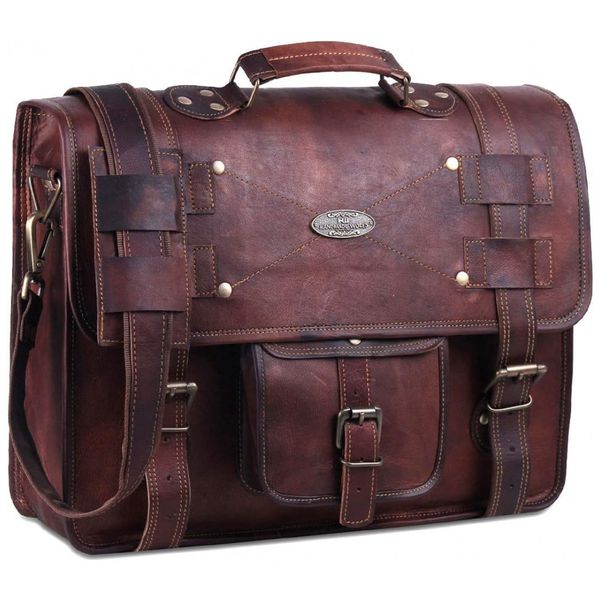Bolsa de Couro Feita a Mão para Laptop Unissex, HANDMADE WORLD HW FDM18inch, Marrom