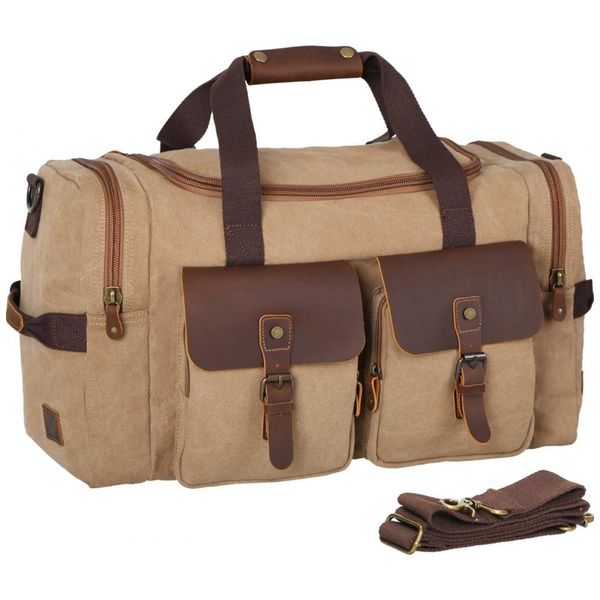 Bolsa de Viagem de Couro e Lona, WOWBOX, Marrom