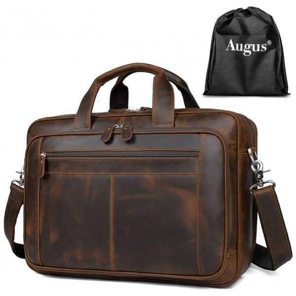 Bolsa, Pasta de Couro para Laptop Masculina, AUGUS, Marrom Escuro