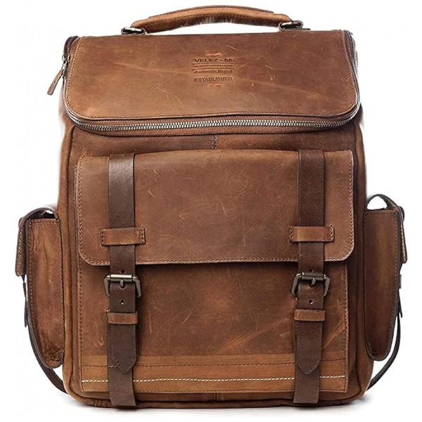 Mochila de Couro para Laptop Vintage Atemporal, VELEZ, Marrom