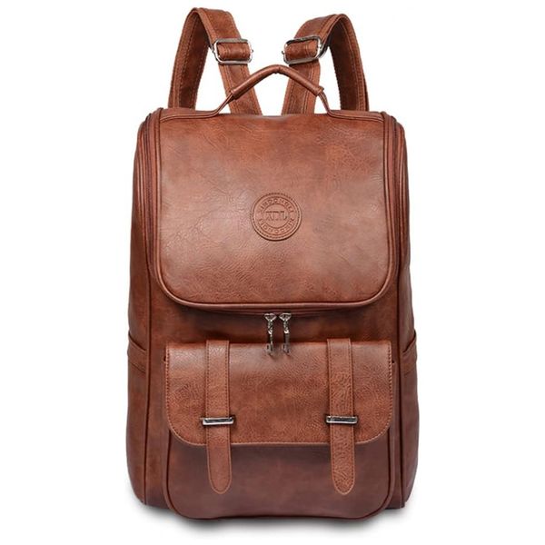 Mochila Vintage de Couro Vegano A prova dágua para Laptop, LOTCAIN, Marrom
