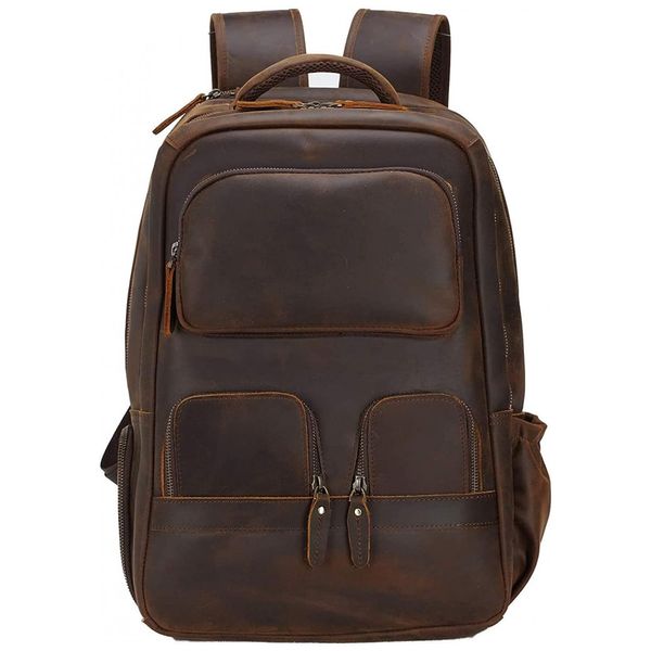 Mochila Vintage de Couro para Laptop Masculino, MASA KAWA, Marrom