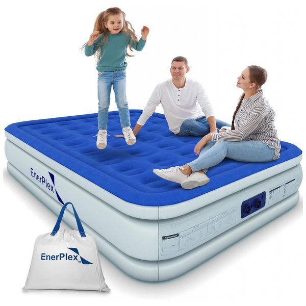 Colchão Inflável Solteiro, para viagens, camping, com bomba dupla embutida, ENERPLEX Luxury, Branco