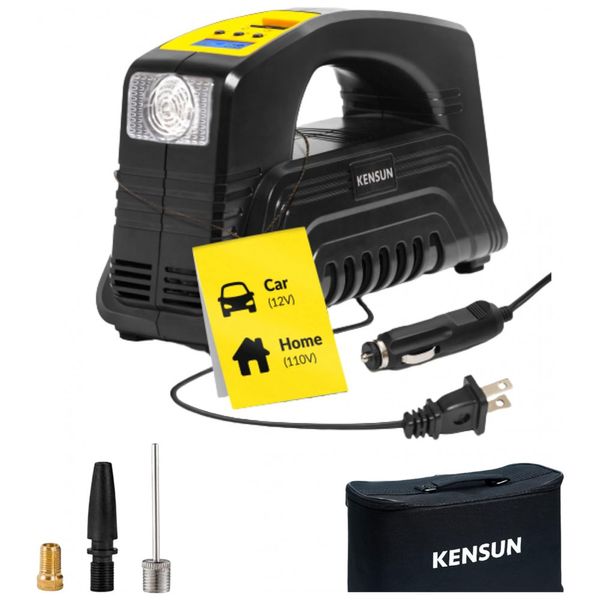 Compressor de Ar Elétrico Mini Portátil, 12V, com LCD e Led de emergência, 120W, 90 PSI, 110v, KENSUN EHRComp A58A, Preto
