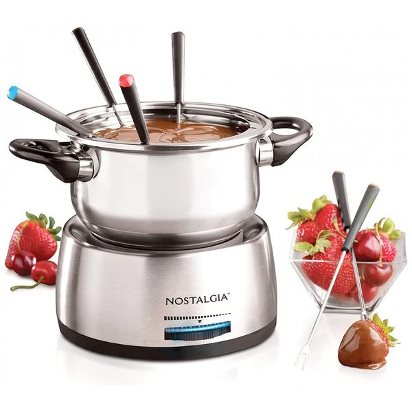 Panela Elétrica de Fondue, Capacidade 1.5L, 6 Garfos, 1200W, 110v, NOSTALGIA FPS200, Prateado