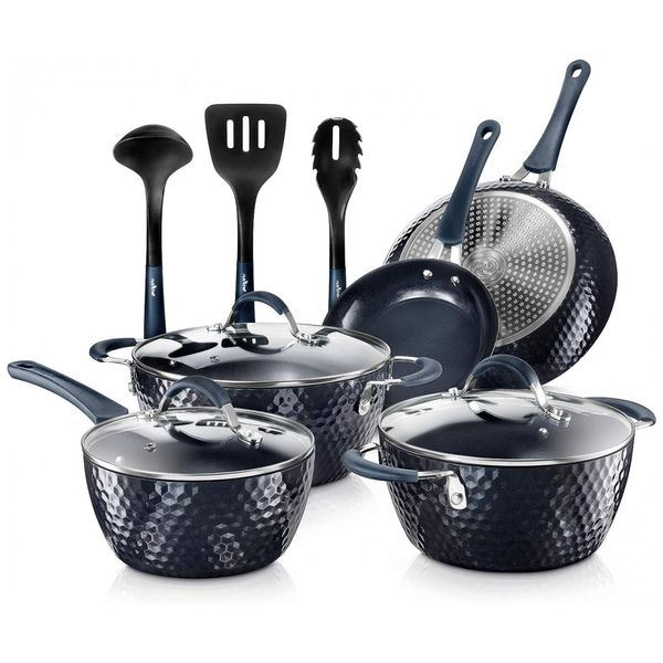 Conjunto de Panelas Antiaderentes e Utensílios, 11 Peças, NUTRICHEF NCCW11DS, Azul