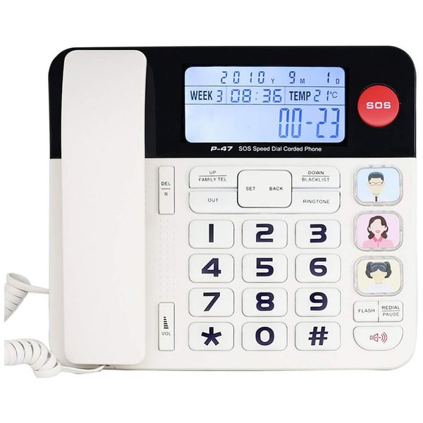 Telefone Fixo para Idosos com Botão Grande, Viva Voz Amplificado e SOS, HEPESTER, Branco