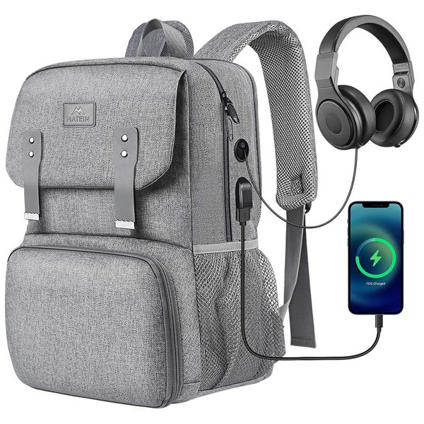 Matein Mochila Feminina Escolar com Porta Lanche Refrigerado, Porta USB e Laptop, Cinza