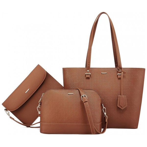 Conjunto de Bolsas Femininas em Couro Sintético Casual, 3 Unidades, LOVEVOOK, Marrom