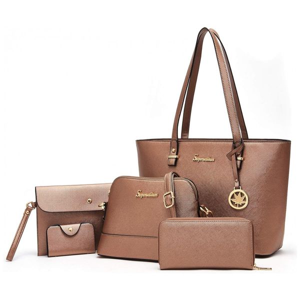 Conjunto de Bolsas Femininas de Couro Sintético, 5 Unidades, Gold, SOPERWILLTON, Dourado escuro