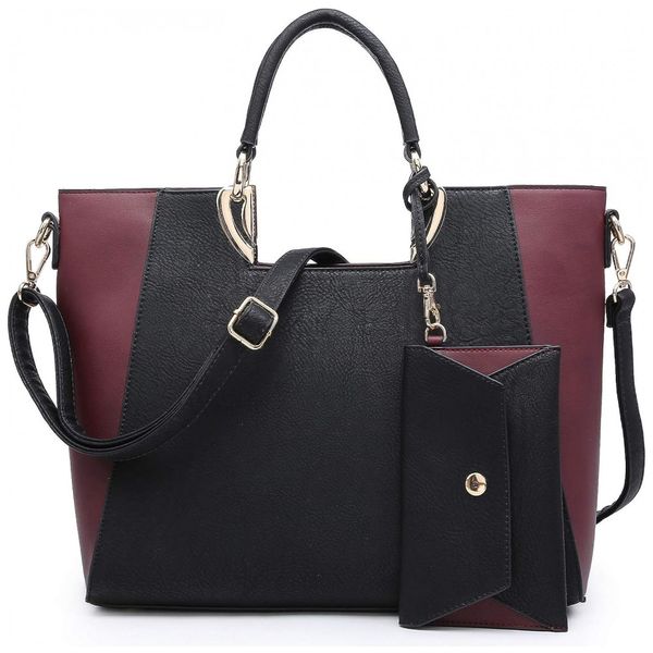 Bolsa de Ombro Feminina em Dois Tons com Carteira Combinando, DASEIN XL 11 6949 1 BK, WN, Vermelho