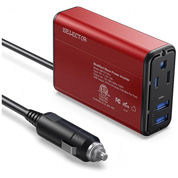 Inversor de Potência Automotivo 150W, com Portas USB, ISELECTOR MRA1012EU NEW, Vermelho