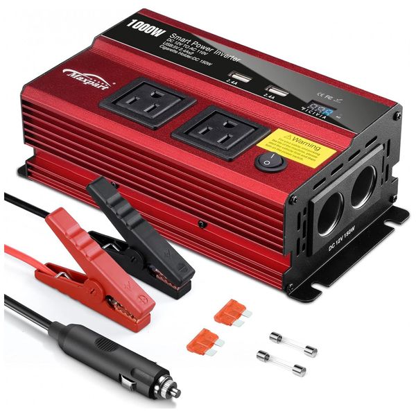 Maxpart Inversor de Potência Automotivo 1000W, com Porta USB Duplo e Acendedor de Cigarro, TWING U3988, Vermelho