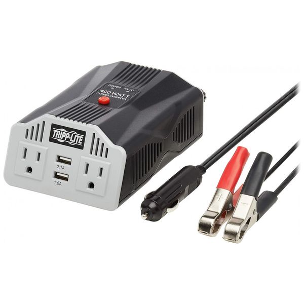 Inversor de Potência Automotivo 400W, com 2 tomadas e 2 portas de carregamento USB, TRIPP LITE PV400USB, Cinza